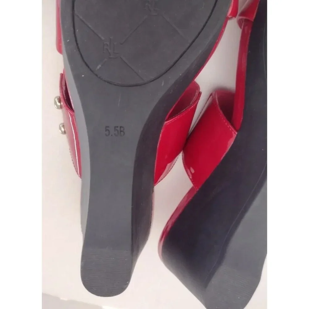 Lauren Ralph Lauren Rhianna Wedge Heels Size 5.5 B Red Slide Leather Sandals - Picture 9 of 10